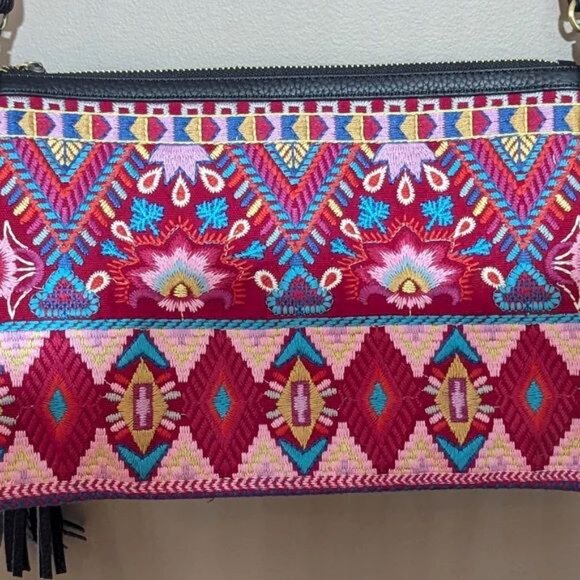 Johnny Was Laurell Fringe Floral Embroidery Bag Zip Handbag Black Pink Purse NEW - Picture 4 of 9